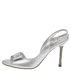 Loriblu Metallic Silver Leather Crystal Embellished Ankle Strap Sandals Size 39