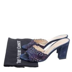 Pre Owned Loriblu Navy Blue Suede Embellished Slide Sandals Size 38.5