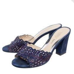 Pre Owned Loriblu Navy Blue Suede Embellished Slide Sandals Size 38.5