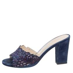 Pre Owned Loriblu Navy Blue Suede Embellished Slide Sandals Size 38.5