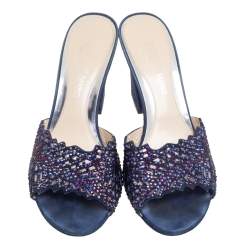Pre Owned Loriblu Navy Blue Suede Embellished Slide Sandals Size 38.5