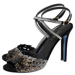 Loriblu Black Suede Crystal Embellished Ankle Strap Sandals Size 38
