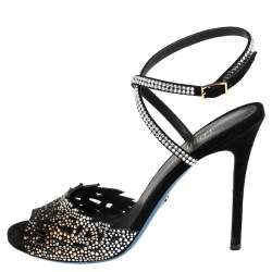 Loriblu Black Suede Crystal Embellished Ankle Strap Sandals Size 38