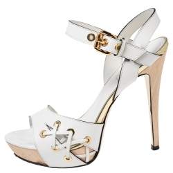 Pre Owned Loriblu White Leather Ankle Strap Sandals Size 37