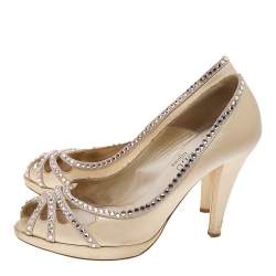 Loriblu Cream Leather Crystal Embellished Peep Toe Pumps Size 37