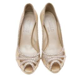 Loriblu Cream Leather Crystal Embellished Peep Toe Pumps Size 37