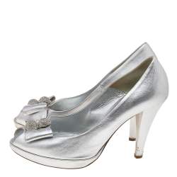 Loriblu Silver Leather Embellished Bow Peep Toe Pumps Size 37