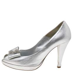 Loriblu Silver Leather Embellished Bow Peep Toe Pumps Size 37