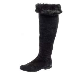 Pre Owned Loriblu Black Suede And Fur Knee Length Boots Size 37