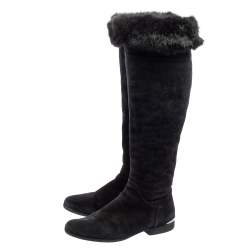 Pre Owned Loriblu Black Suede And Fur Knee Length Boots Size 37