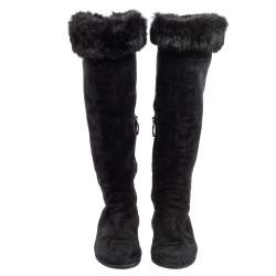 Pre Owned Loriblu Black Suede And Fur Knee Length Boots Size 37