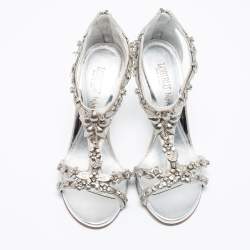Loriblu Bijoux Silver Satin Crystal Floral Embellished Studded Sandals Size 37.5
