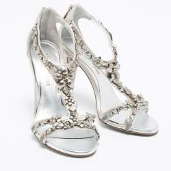 Loriblu Bijoux Silver Satin Crystal Floral Embellished Studded Sandals Size 37.5