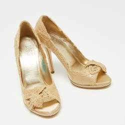 Loriblu Beige Satin And Lace Embroidered Peep Toe Pumps Size 36