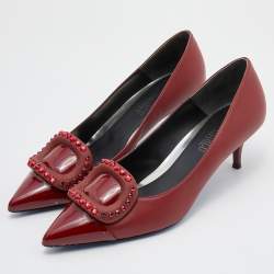 Loriblu Dark Red Leather Pointed Toe Crystal Embellished Pumps Size 38.5