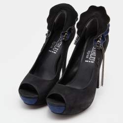 Loriblu Black/Blue Suede Embellished Peep Toe Pumps Size 37