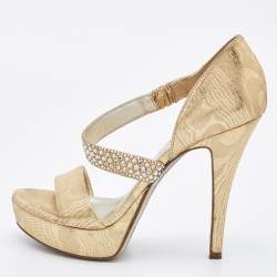 Loriblu Gold Lurex Fabric Crystal Embellished Open Toe Platform Sandals Size 36.5