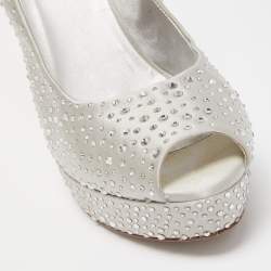 Loriblu Silver Satin Crystal Embellished Peep Toe Platform Pumps Size 40