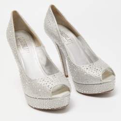 Loriblu Silver Satin Crystal Embellished Peep Toe Platform Pumps Size 40