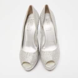 Loriblu Silver Satin Crystal Embellished Peep Toe Platform Pumps Size 40