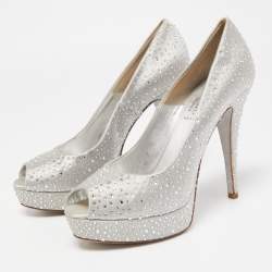 Loriblu Silver Satin Crystal Embellished Peep Toe Platform Pumps Size 40