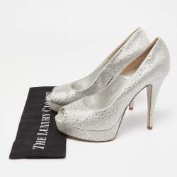 Loriblu Silver Satin Crystal Embellished Peep Toe Platform Pumps Size 40