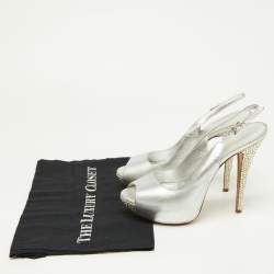 Loriblu Metallic Silver Leather Crystal Embellished Slingback Platform Pumps Size 39.5