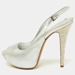 Loriblu Metallic Silver Leather Crystal Embellished Slingback Platform Pumps Size 39.5