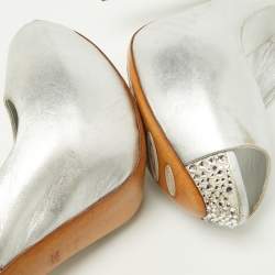 Loriblu Metallic Silver Leather Crystal Embellished Slingback Platform Pumps Size 39.5