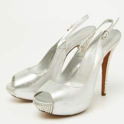 Loriblu Metallic Silver Leather Crystal Embellished Slingback Platform Pumps Size 39.5