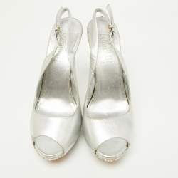 Loriblu Metallic Silver Leather Crystal Embellished Slingback Platform Pumps Size 39.5