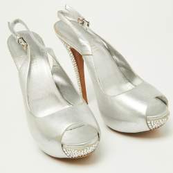 Loriblu Metallic Silver Leather Crystal Embellished Slingback Platform Pumps Size 39.5