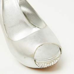 Loriblu Metallic Silver Leather Crystal Embellished Slingback Platform Pumps Size 39.5