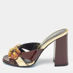 Loriblu Dark Brown/Gold Patent and Leather Crystal Embellished Slide Sandals Size 36