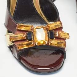 Loriblu Dark Brown/Gold Patent and Leather Crystal Embellished Slide Sandals Size 36