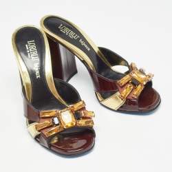 Loriblu Dark Brown/Gold Patent and Leather Crystal Embellished Slide Sandals Size 36