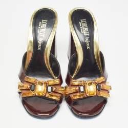 Loriblu Dark Brown/Gold Patent and Leather Crystal Embellished Slide Sandals Size 36