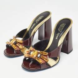 Loriblu Dark Brown/Gold Patent and Leather Crystal Embellished Slide Sandals Size 36