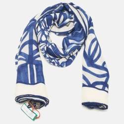Pre Owned Loro Piana White/Blue Print Cashmere and Silk Maxi Carre Scarf