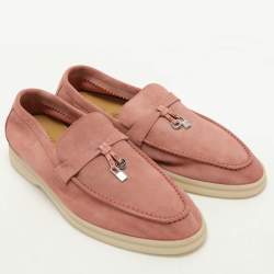 Pre Owned Loro Piana Pink Suede Summer Charms Walk Slip On Loafers Size 38