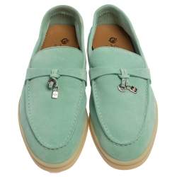 Pre Owned Loro Piana Turquoise Blue Suede Summer Charms Walk Moccasin Size 38.5