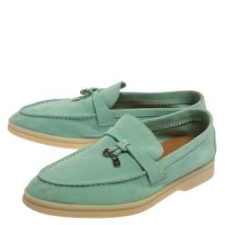 Pre Owned Loro Piana Turquoise Blue Suede Summer Charms Walk Moccasin Size 38.5