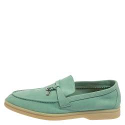 Pre Owned Loro Piana Turquoise Blue Suede Summer Charms Walk Moccasin Size 38.5