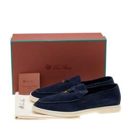 Pre Owned Loro Piana Navy Blue Suede Summer Charms Walk Slip On Loafers Size 38