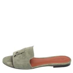 Loro Piana Green Suede Summer Charms Flat Slides Size 40
