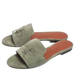 Loro Piana Green Suede Summer Charms Flat Slides Size 40