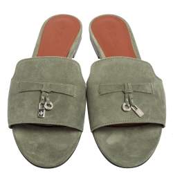 Loro Piana Green Suede Summer Charms Flat Slides Size 40