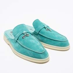 Pre Owned Loro Piana Torquise Blue Suede Babouche Charms Mules Size 39