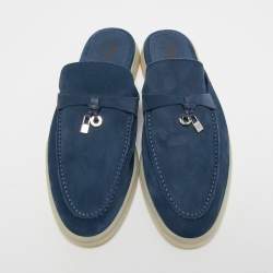 Pre Owned Loro Piana Blue Suede Summer Charms Walk Flat Mules Size 38.5