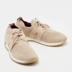 Pre Owned Loro Piana Beige Suede and Knit Fabric Flexy Wool Sneakers Size 36